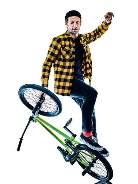 Bmx kerékpáros kerékpáros freestyle akrobatikus mutatvány elszigetelt fehér háttér — Stock Fotó