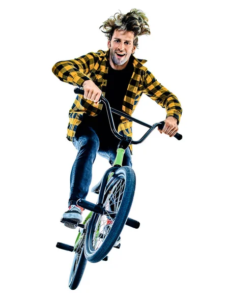 BMX rider cyclist cycling freestyle acrobatic stunt isolated white background — Stock Photo, Image