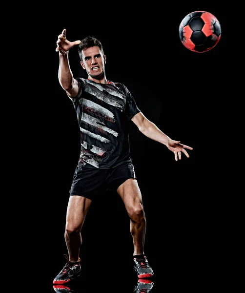 Caucasiano jovem jogador de handebol homem isolado preto fundo — Fotografia de Stock