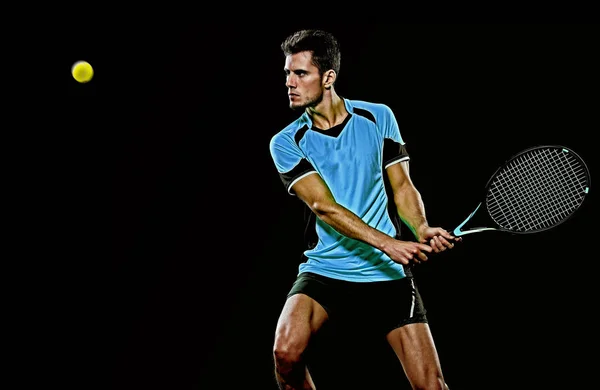 Caucasian young tennis player man isolated black background — 스톡 사진