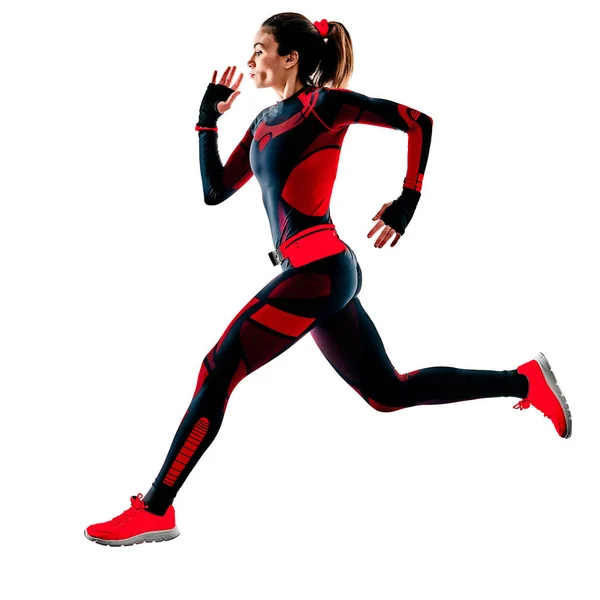 跑步的女运动员慢跑服孤立的白色背景 — 图库照片