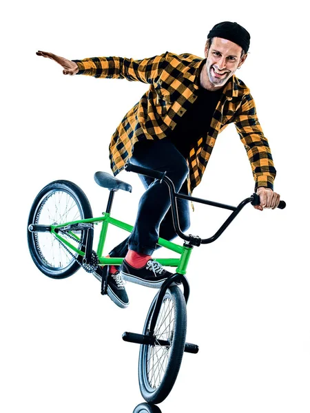 BMX rider cyclist cycling freestyle acrobatic stunt isolated white background — Stock Photo, Image