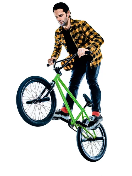 Bmx kerékpáros kerékpáros freestyle akrobatikus mutatvány elszigetelt fehér háttér — Stock Fotó