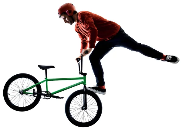 Велосипедист BMX Велосипедний вільний стиль акробатичний трюк ізольований білий фон — стокове фото