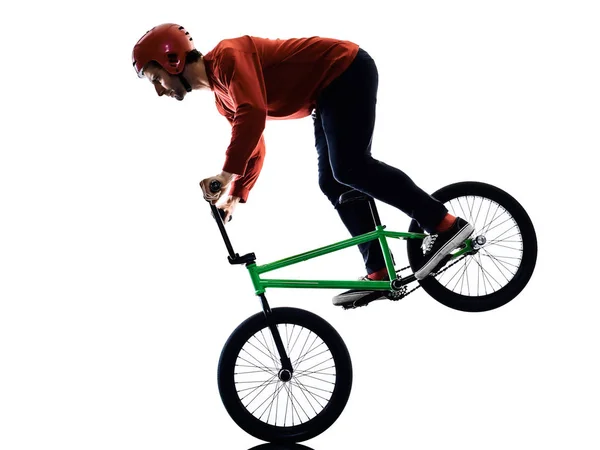 Bmx jezdec cyklista cyklistika freestyle akrobatický kousek izolované bílé pozadí — Stock fotografie