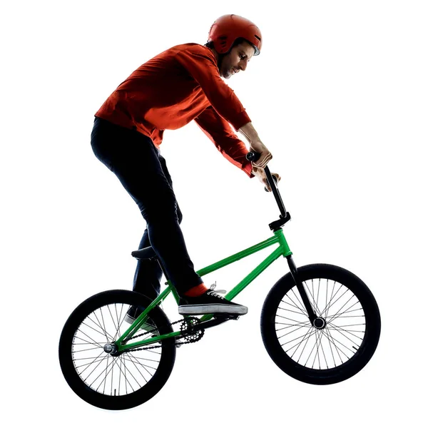 Bmx sürücüsü bisikletçi serbest akrobatik akrobatik dublör izole beyaz arkaplan — Stok fotoğraf