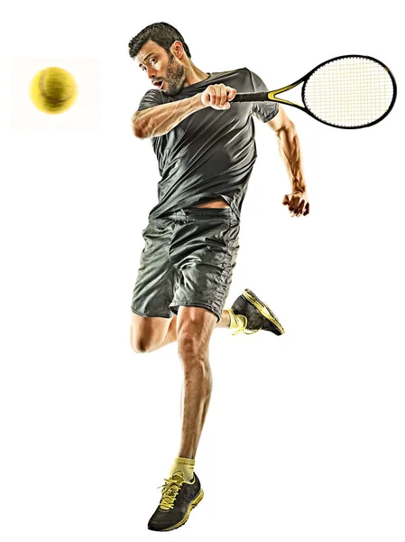 Mature tennis player man forehand silhouette isolated white background — ストック写真