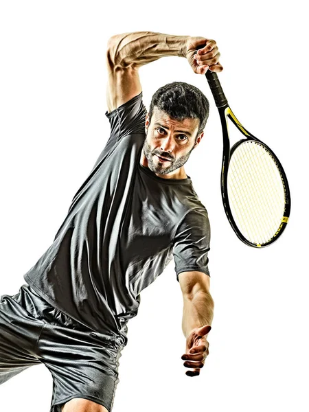 Mature tennis player man forehand front view isolated white background — ストック写真