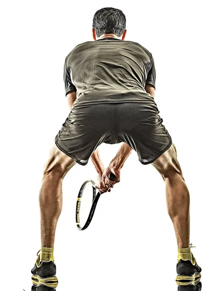 Mature tennis player man back rear view isolated white background — ストック写真