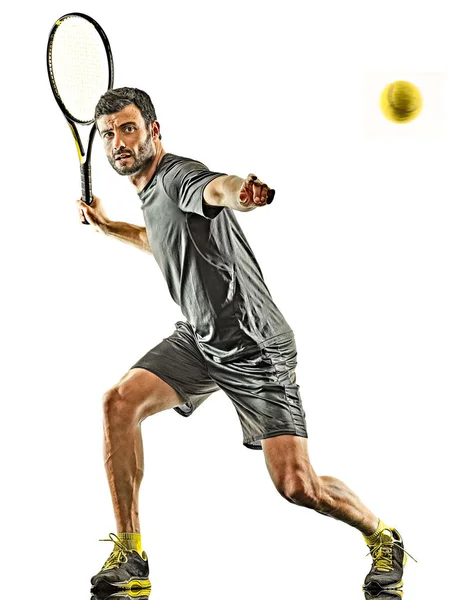 Mature tennis player man forehand silhouette isolated white background — ストック写真