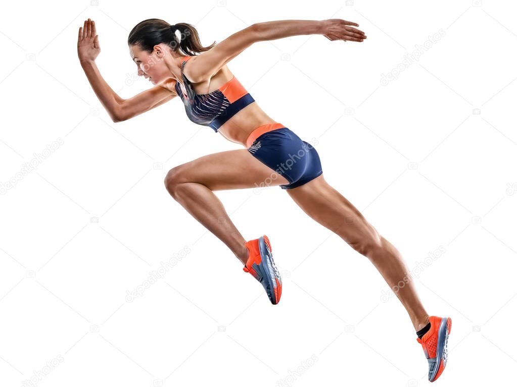 young woman runner running jogger jogging athletics isolated white background