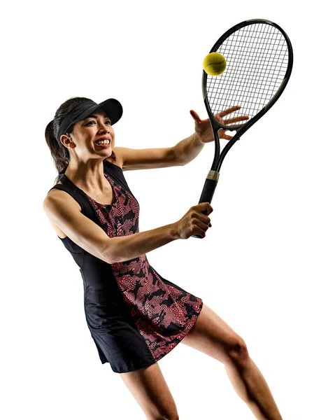 Jeune joueur de tennis asiatique femme isolé blanc support silhouette — Photo
