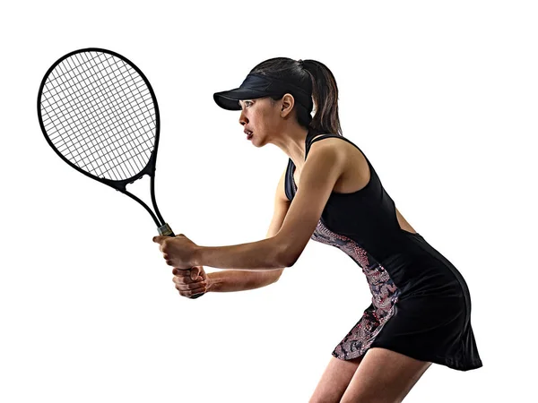 Jong tennis speler aziatische vrouw geïsoleerd wit beugel silhouet — Stockfoto