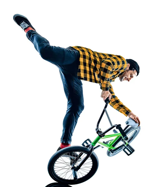 BMX rider cyclist cycling freestyle acrobatic stunt isolated white background — Stock Photo, Image
