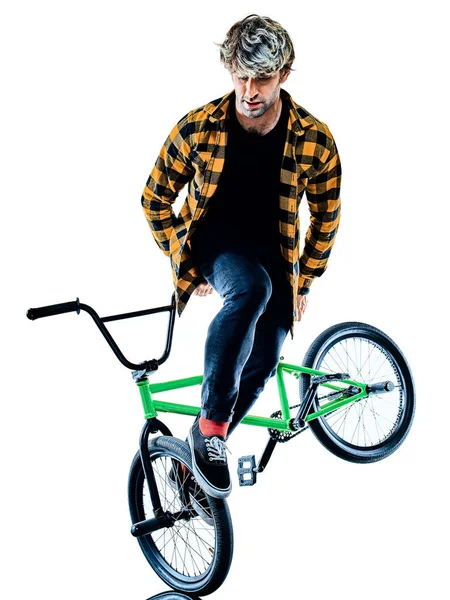 BMX rider cyclist cycling freestyle acrobatic stunt isolated white background — Stock Photo, Image