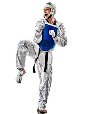 Tekvando dövüşçüsü beyaz arka planı izole etti.