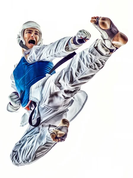 Taekwondo μαχητής άνθρωπος απομονωμένο λευκό φόντο — Φωτογραφία Αρχείου