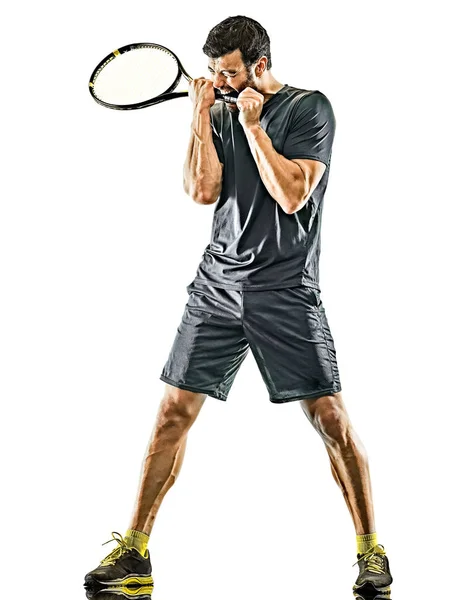 Mature tennis player man displeased loosing isolated white background — 스톡 사진