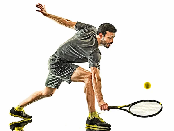 Jugador de tenis maduro hombre silueta de derecha aislado fondo blanco Imágenes de stock libres de derechos