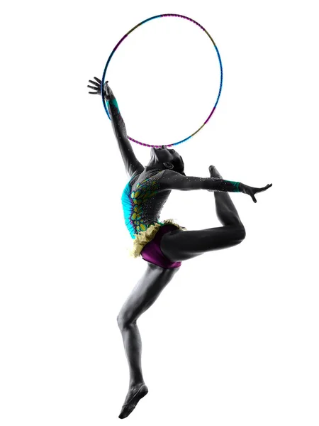 Woman gymnast rhythm gymnastic isolated white background silhouette — ストック写真