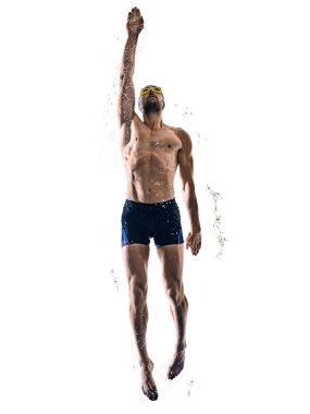 erkek sporcu yüzücü izole edilmiş beyaz arka planda yüzüyor