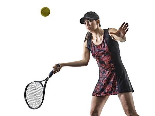 Junge Tennisspielerin asiatische Frau isoliert weißen Brackground Silhouette — Stockfoto