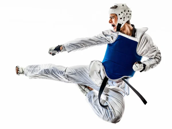 Taekwondo bojovník muž izolované bílé pozadí — Stock fotografie