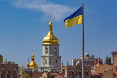 ukrainian flag cityscape skyline Kiev Ukraine Landmark