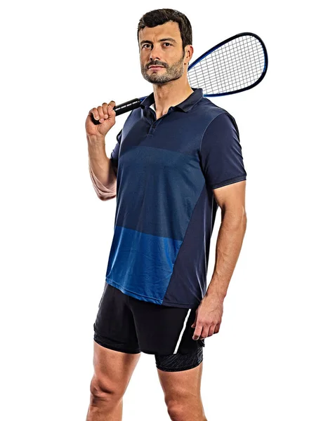 Squash Spieler Mann isoliert weißen Hintergrund — Stockfoto