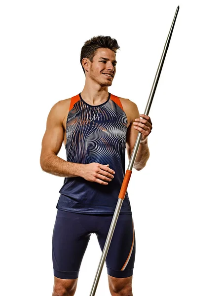 Jeune homme athlétisme Javelin athlète isolé fond blanc — Photo