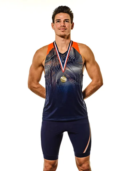 Joven hombre atletismo atetle oro medallista aislado fondo blanco — Foto de Stock