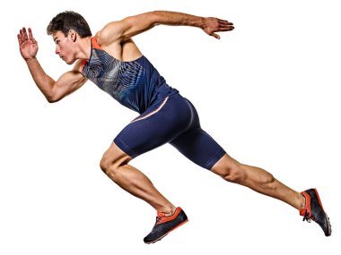Genç adam atletizm koşucusu hızlı koşuyor izole beyaz arka planı var.