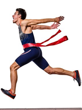Genç adam atletizm koşucusu hızlı koşuyor izole beyaz arka planı var.