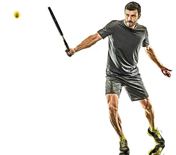 Mature tennis player man full length backhand isolated white background — Stockfoto