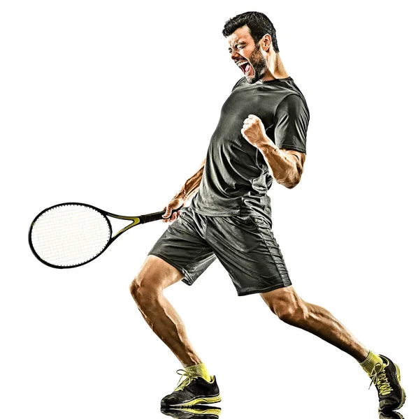 Volwassen tennis speler man gelukkig winnaar sterk krachtig geïsoleerd wit achtergrond — Stockfoto