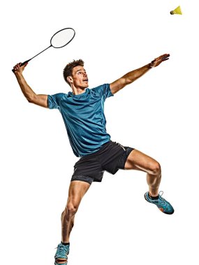 Badminton oyuncusu genç adam beyaz arkaplanı izole etti