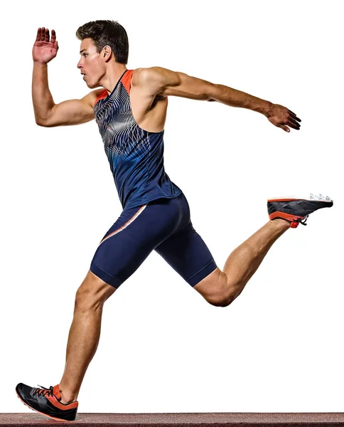 Młody człowiek lekkoatletyka biegacz biegnie sprinter sprinting izolowane białe tło — Zdjęcie stockowe