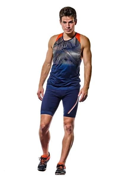 Fiatal férfi atlétika futó futó sprinter sprinting elszigetelt fehér háttér — Stock Fotó