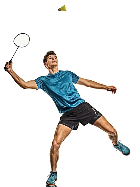Badminton player νεαρός άνδρας απομονώνονται λευκό φόντο — Φωτογραφία Αρχείου