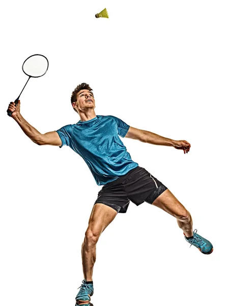 Jugador de bádminton joven aislado fondo blanco — Foto de Stock