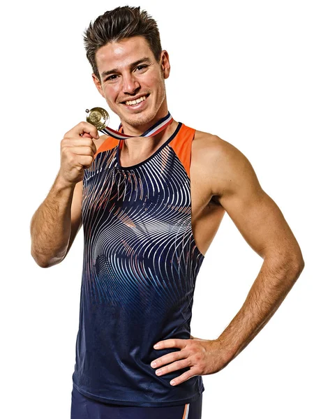 Joven hombre atletismo atetle oro medallista aislado fondo blanco —  Fotos de Stock