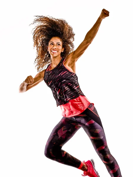 Mujer cardio bailarina bailando fitness ejercicios de fitness aislado fondo blanco — Foto de Stock