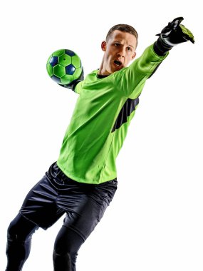 Futbolcu kaleci adam silueti gölgesi beyaz arkaplan izole