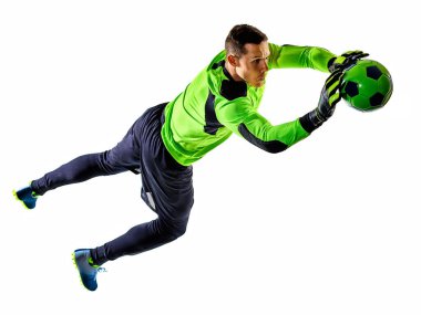 Futbolcu kaleci adam silueti gölgesi beyaz arkaplan izole