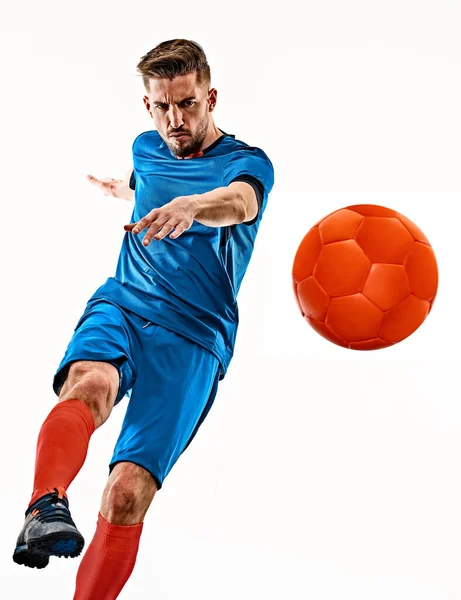 Junger Fußballer Mann isoliert weißen Hintergrund stehend — Stockfoto