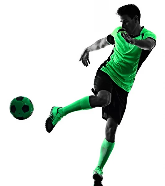 Jovem jogador de futebol homem silhueta sombra isolado fundo branco — Fotografia de Stock