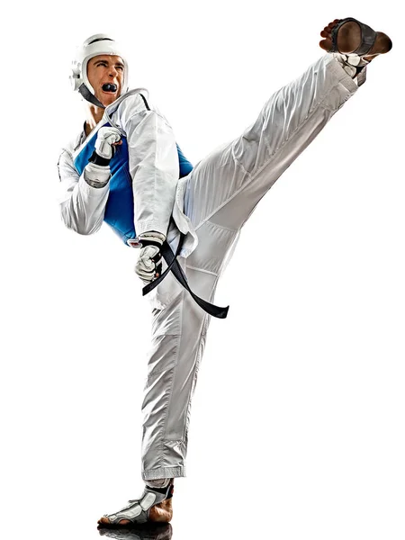 Taekwondo fighter man isolated white background — Stock Photo, Image