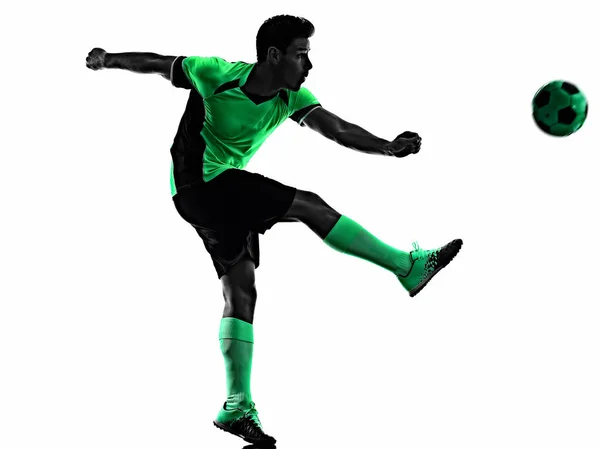 Młody piłkarz człowiek sylwetka cień odizolowany biały tło — Zdjęcie stockowe