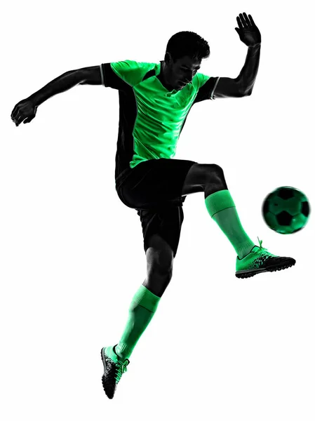 Genç futbolcu erkek silueti gölgesi beyaz arkaplan — Stok fotoğraf