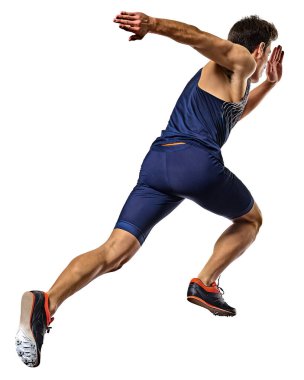 Genç adam atletizm koşucusu hızlı koşuyor izole beyaz arka planı var.